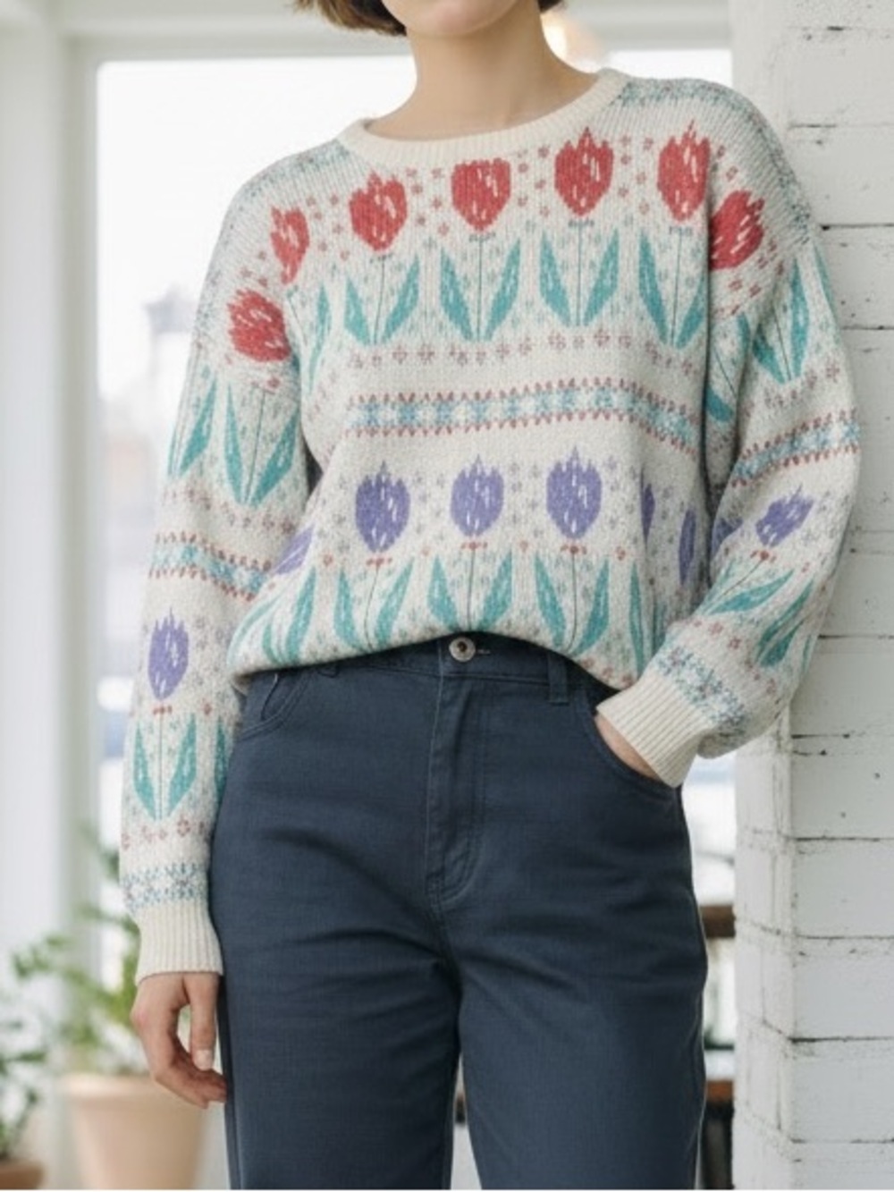 Vintage 80s Bedford Fair Tulip Floral Pastel Knit Cotton Made in USA Sweater - Picture 1 of 7